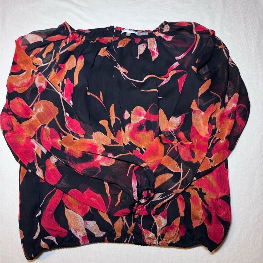 Calvin Klein Women's Multicolor Floral Print Sheer Sleeves Top Blouse - Small
